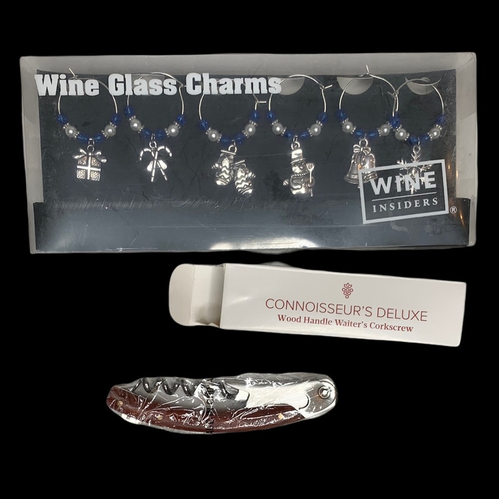 Christmas wine glass charms & corkscrew